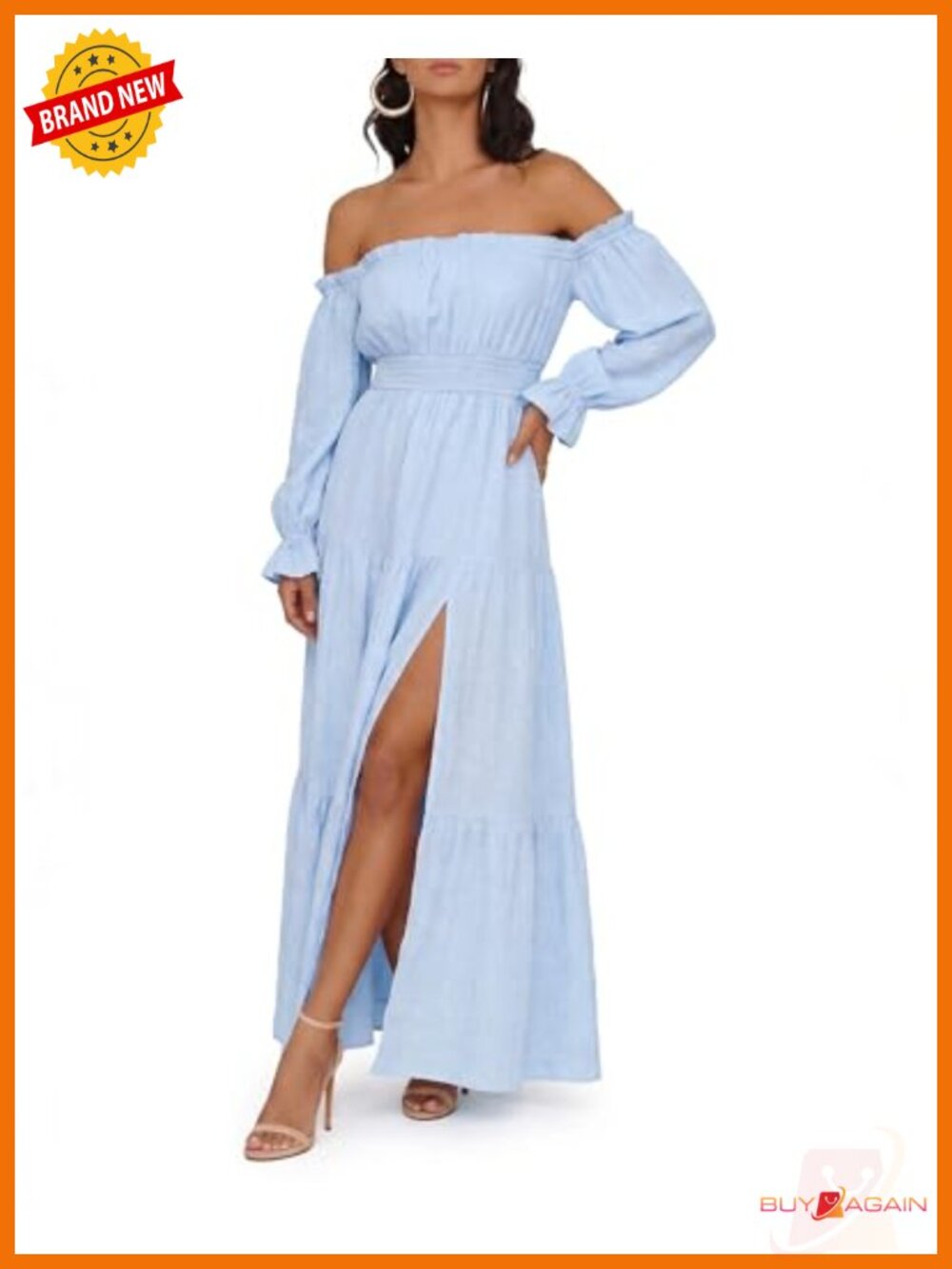 Womens Off Shoulder Boho Maxi Dress Long Sleeve Split A-Line